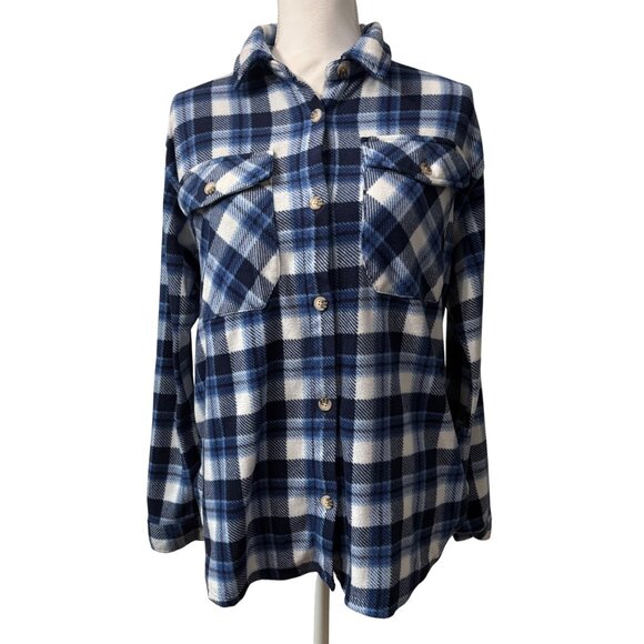Just Polly Blue & White Plaid Button-Up Long Sleeve Fleece Shirt Womens Size M - Picture 1 of 12